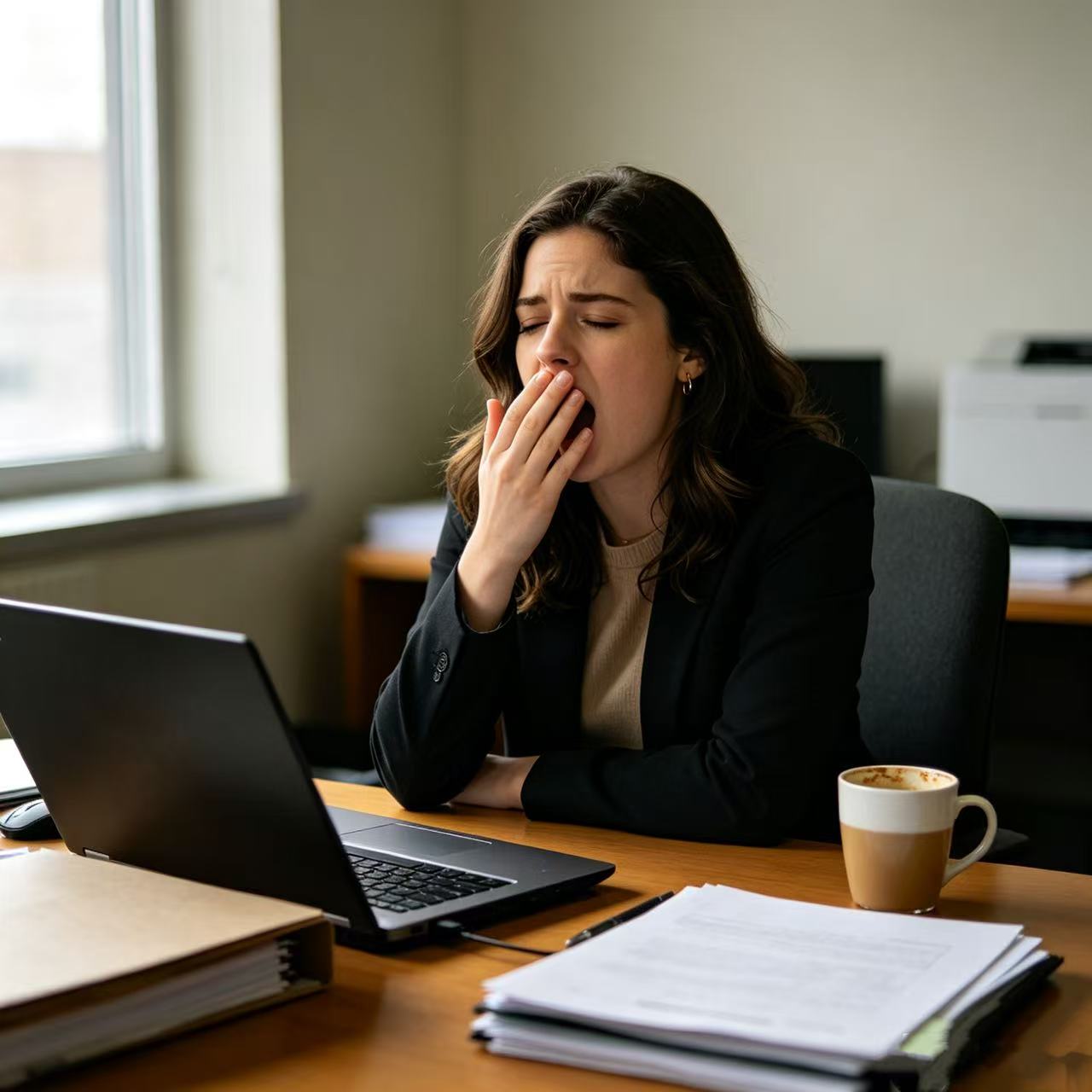 Tired office worker needing morning energy